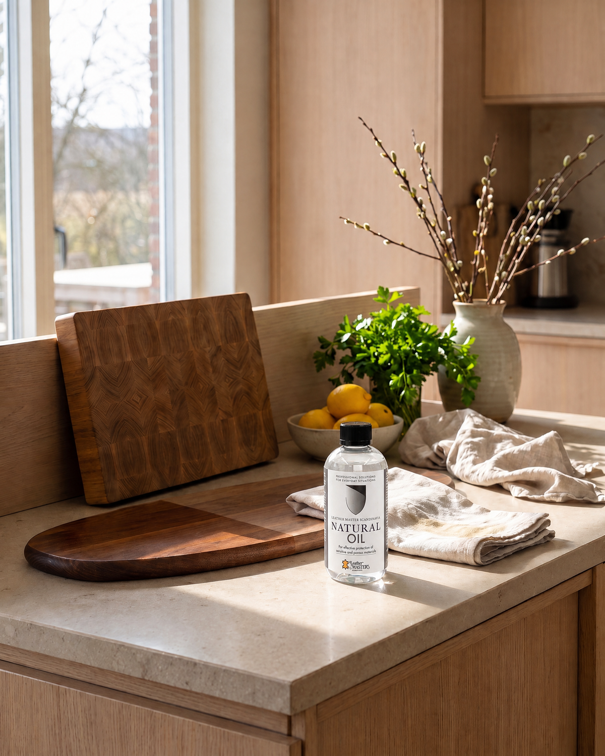 Natural Oil på bänkskivan med skärbrädor i trä
