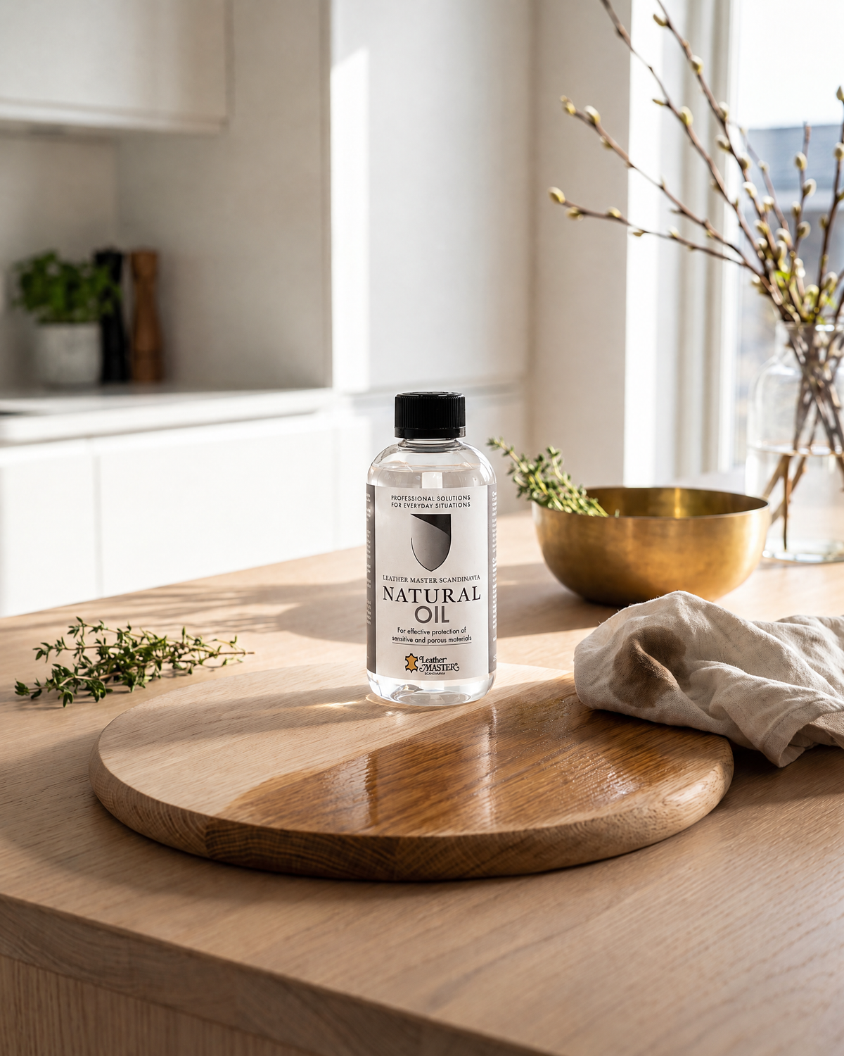 Natural Oil på en rund skärbräda i ek