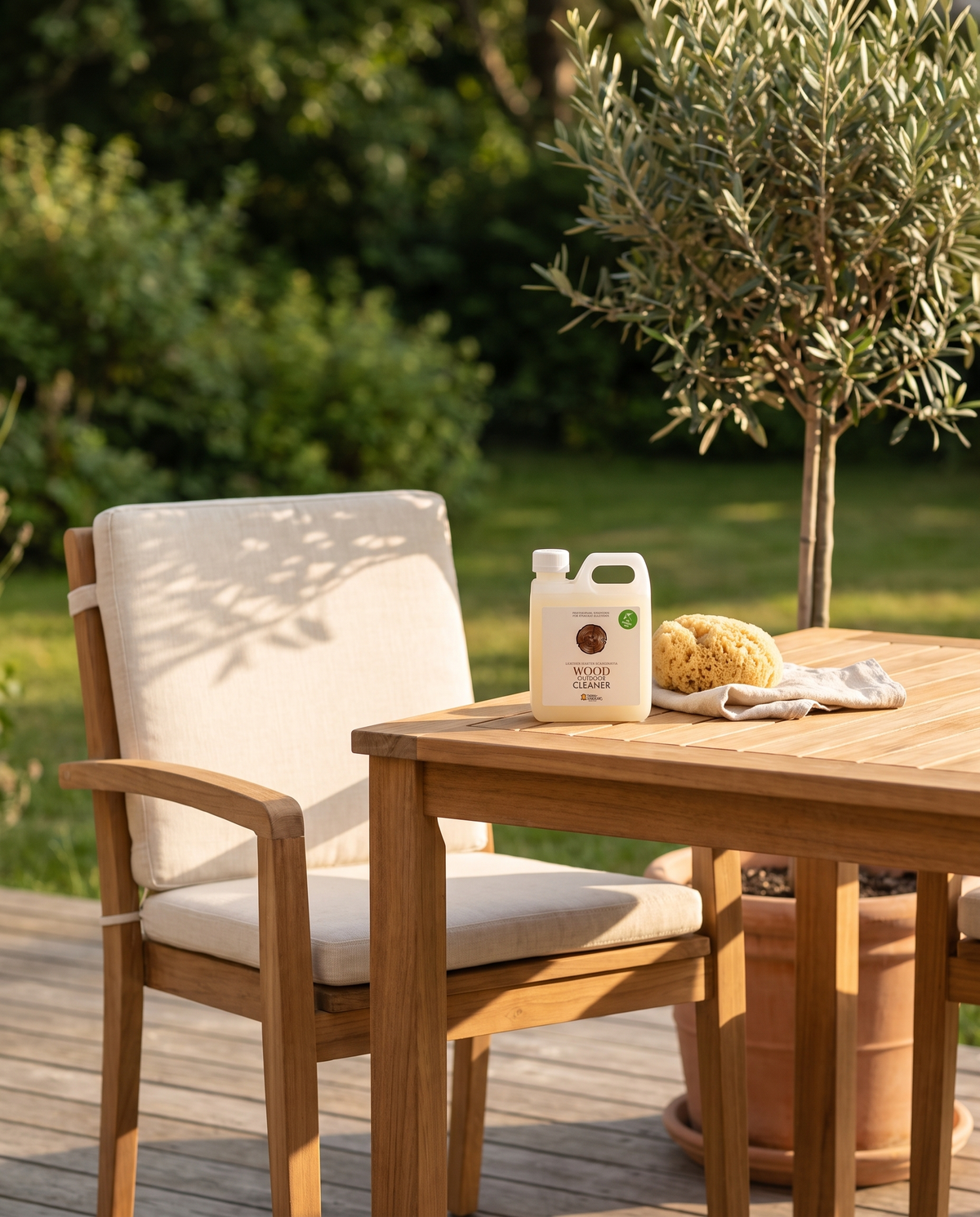 Utemöbler i teak med Wood Outdoor Cleaner på bordet