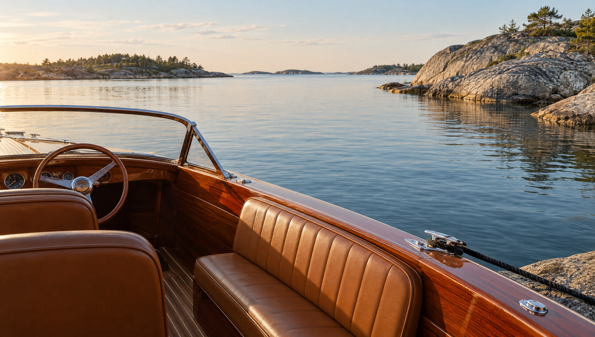 Klassisk träbåt med lädersäten i skärgården