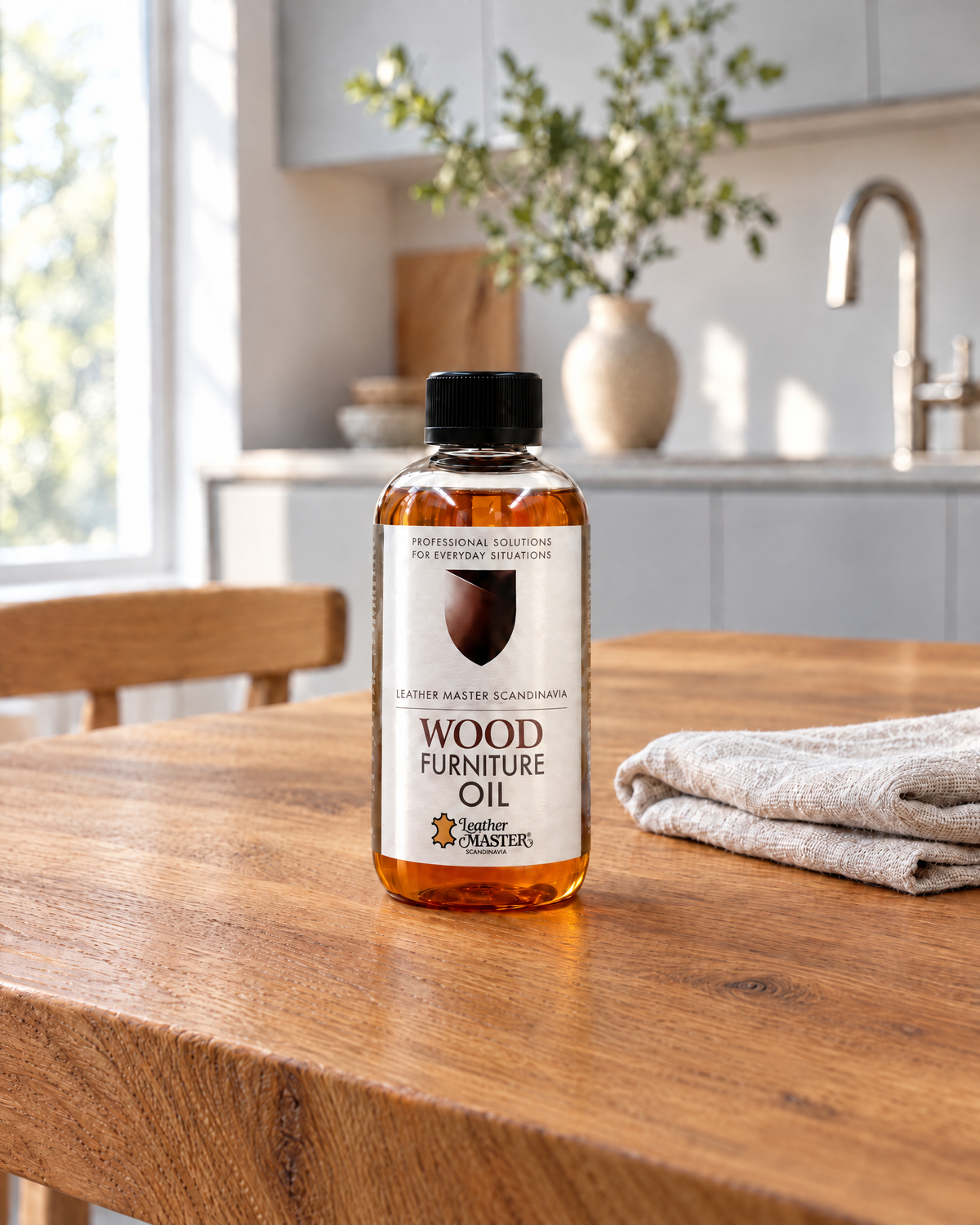 Wood Furniture Oil på ett matbord i ek i ett ljust kök