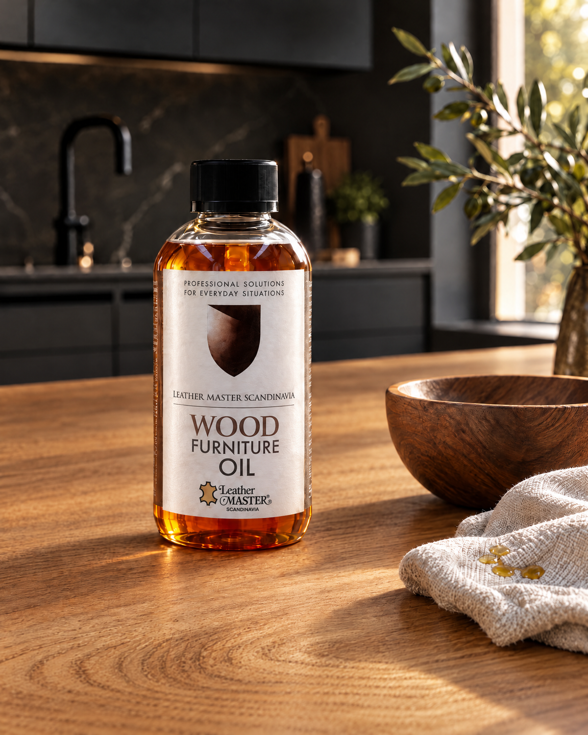 Wood Furniture Oil på ett ekbord i varmt kvällsljus