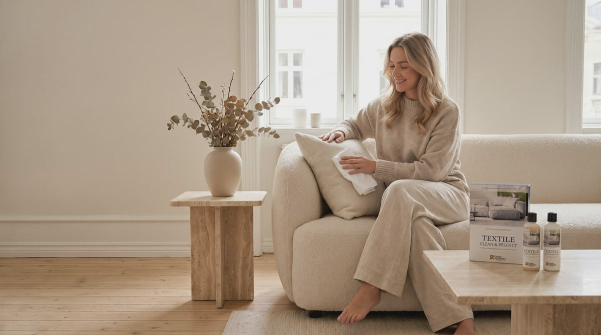 Kvinna som vårdar soffkudden med Textile Clean & Protect