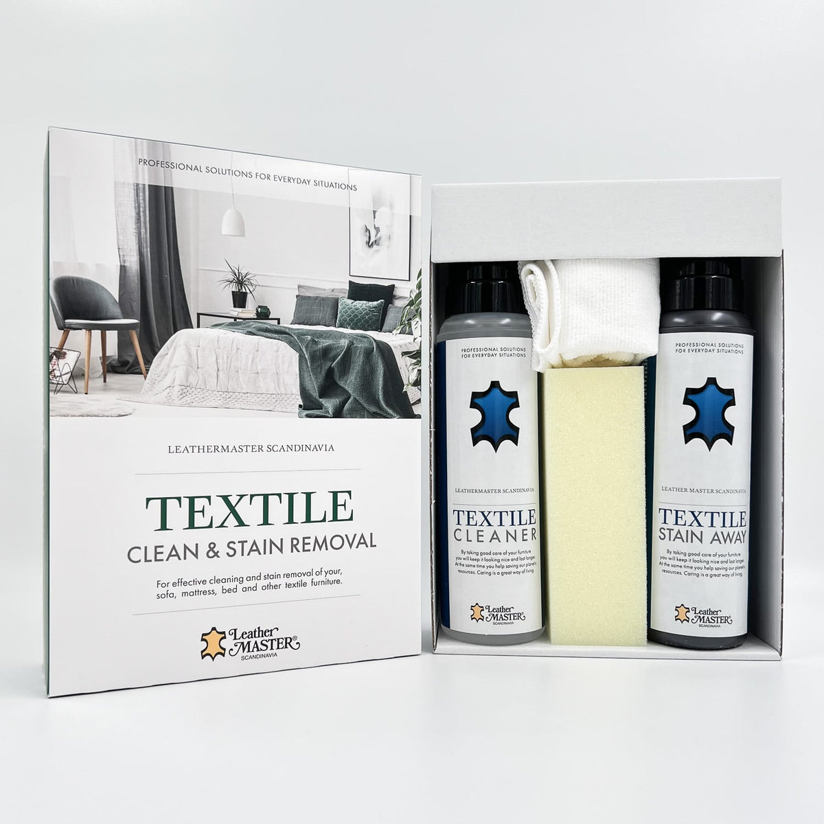 Innehåll i Textile Clean & Stain Removal - Textile Cleaner, Stain Away, duk, svamp och handskar